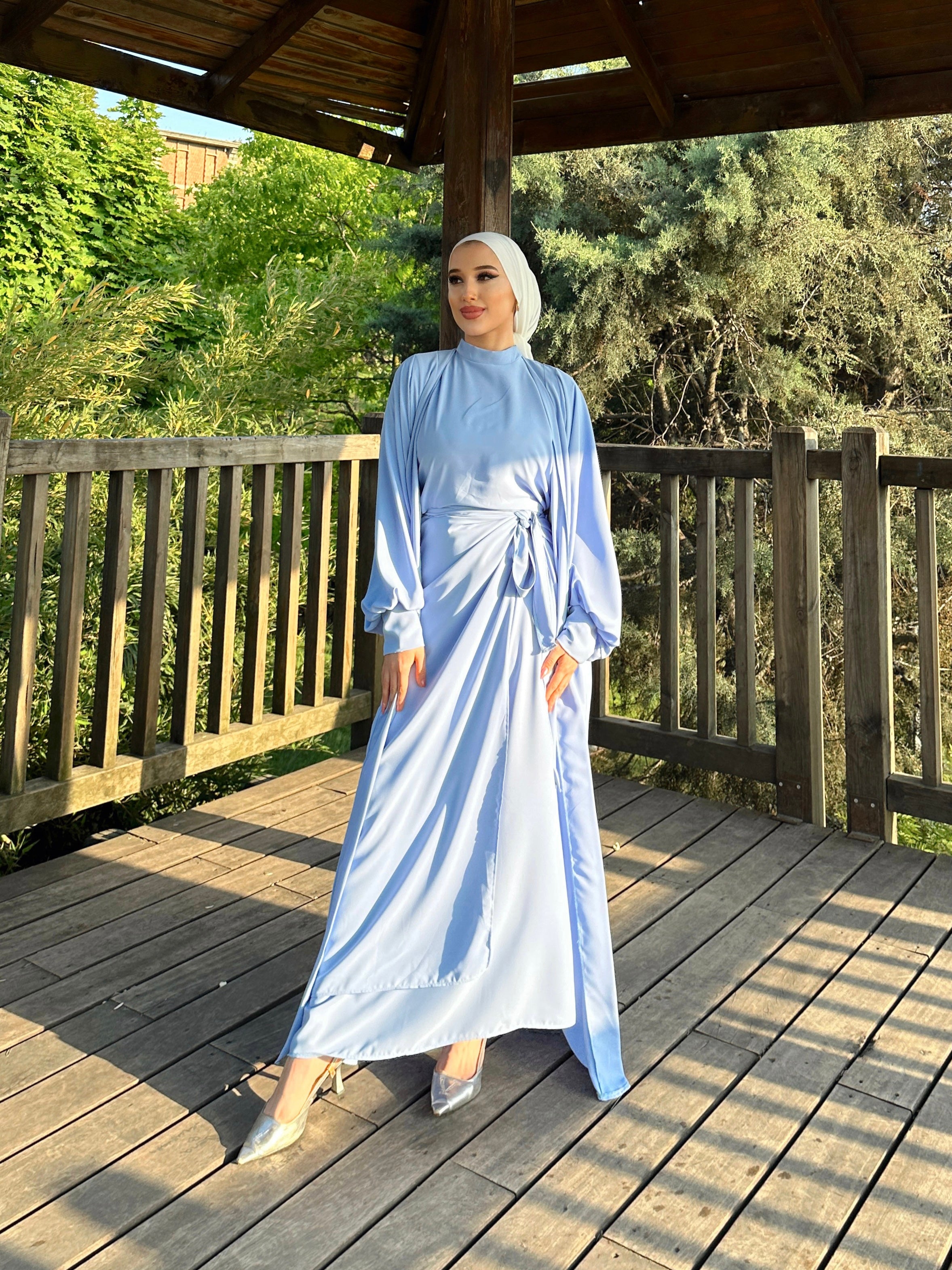 Nesreen 3 Piece Abaya Set - Sky Blue