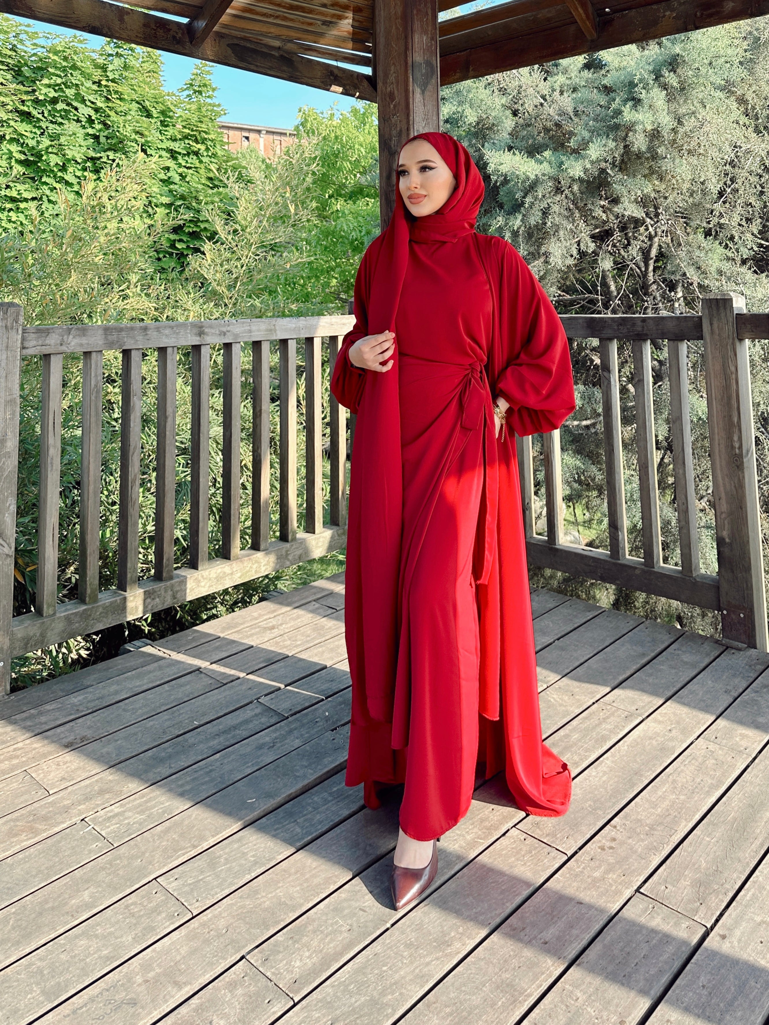 Nesreen 3 Piece Abaya Set - Maroon