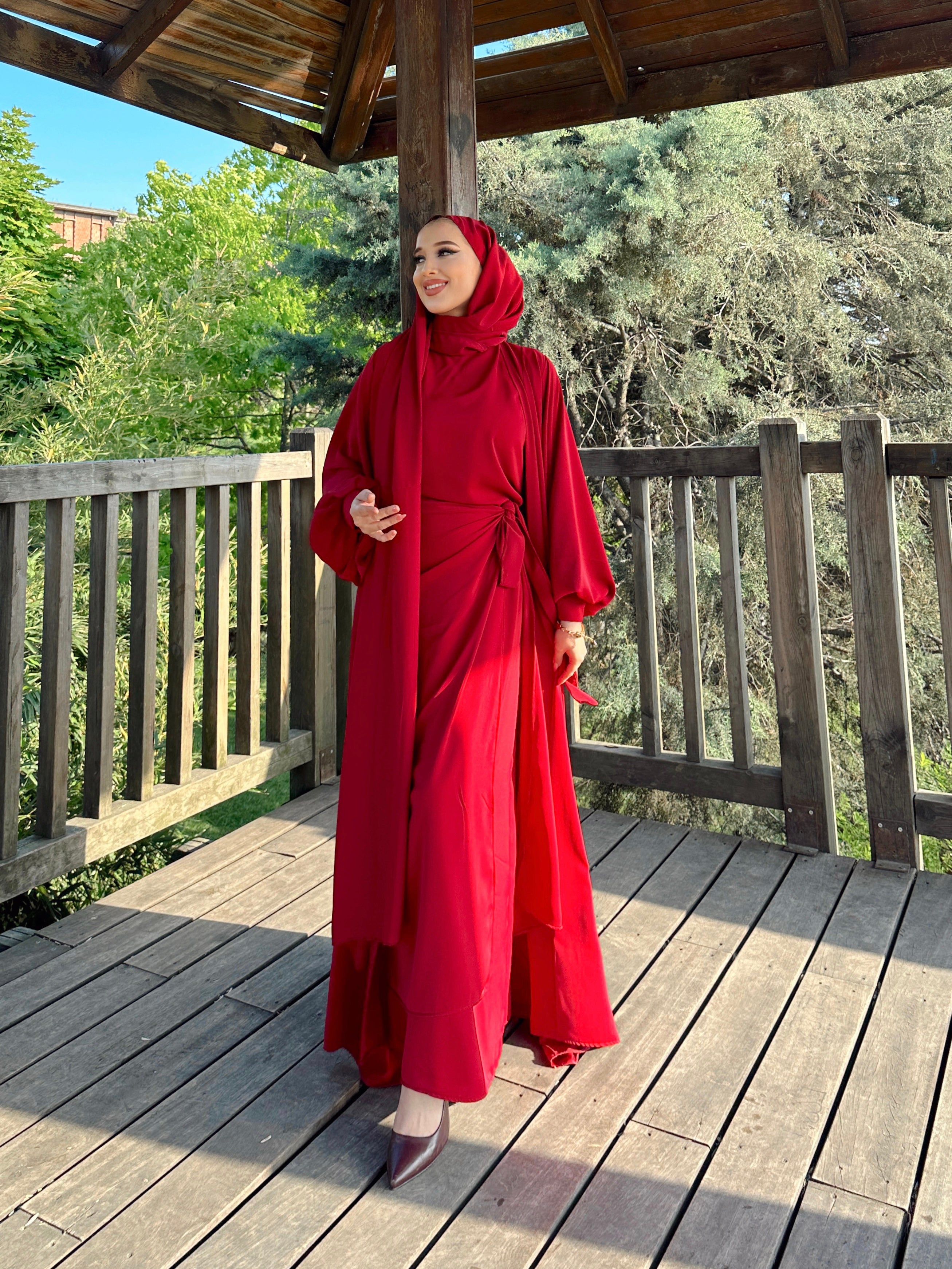 Nesreen 3 Piece Abaya Set - Maroon