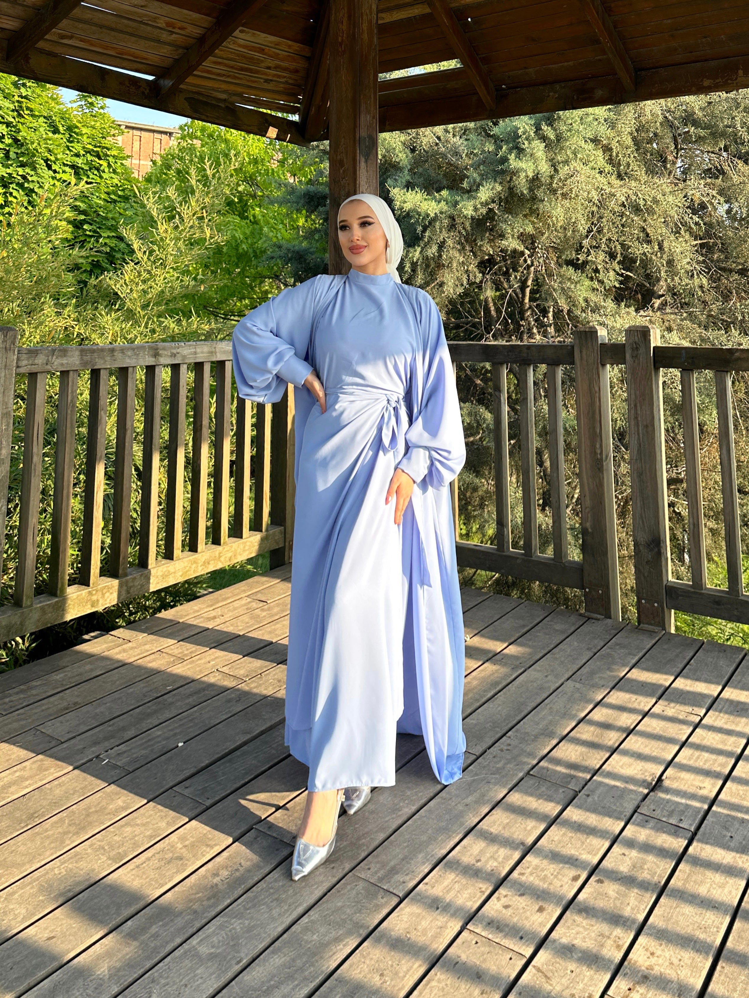 Nesreen 3 Piece Abaya Set - Sky Blue