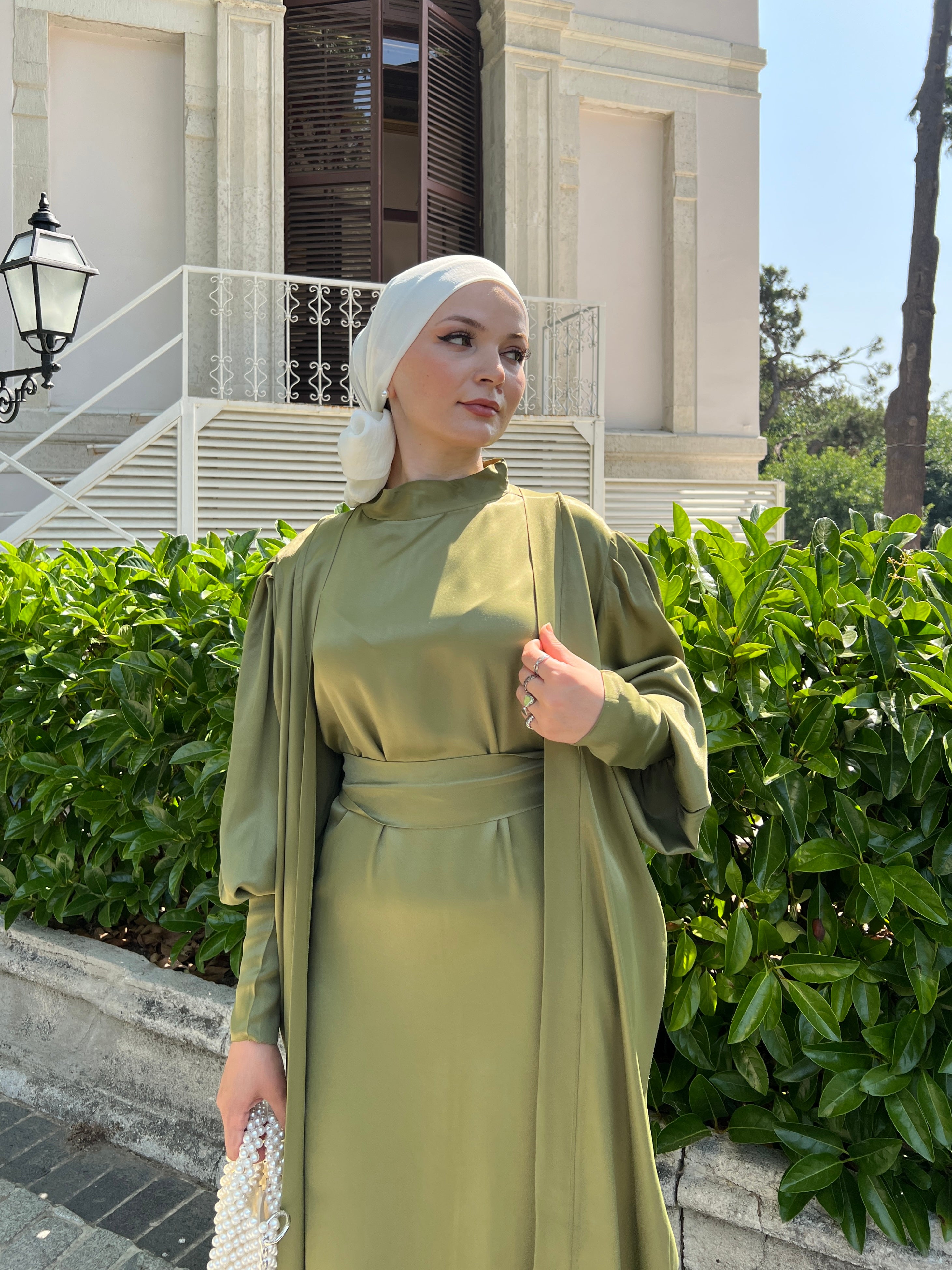 Nariman 2 Piece Satin Open Abaya Set - Olive