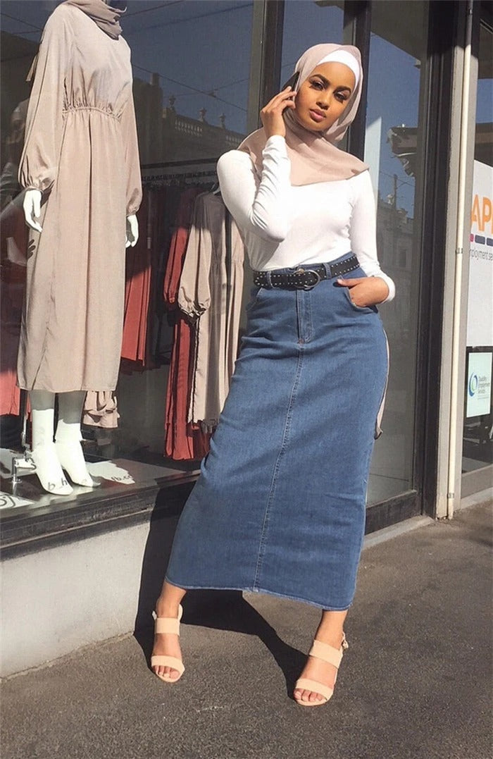 Light Denim Stretch Maxi Skirt