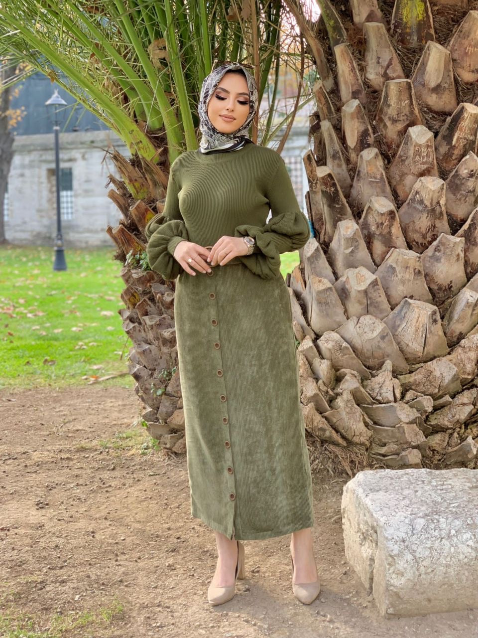 Corduroy Skirt W/ Belt - Olive