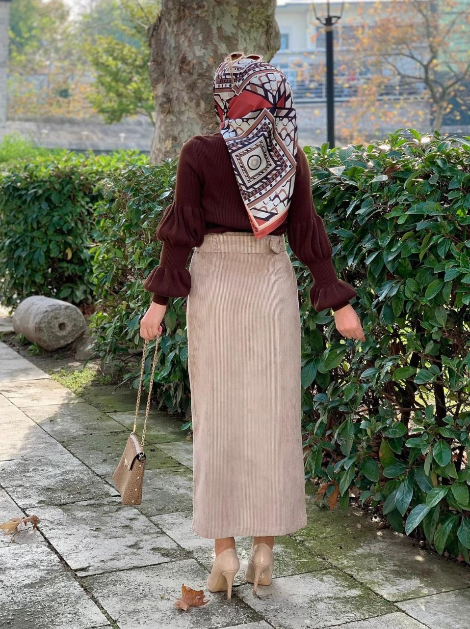 Corduroy Skirt W/ Belt - Beige