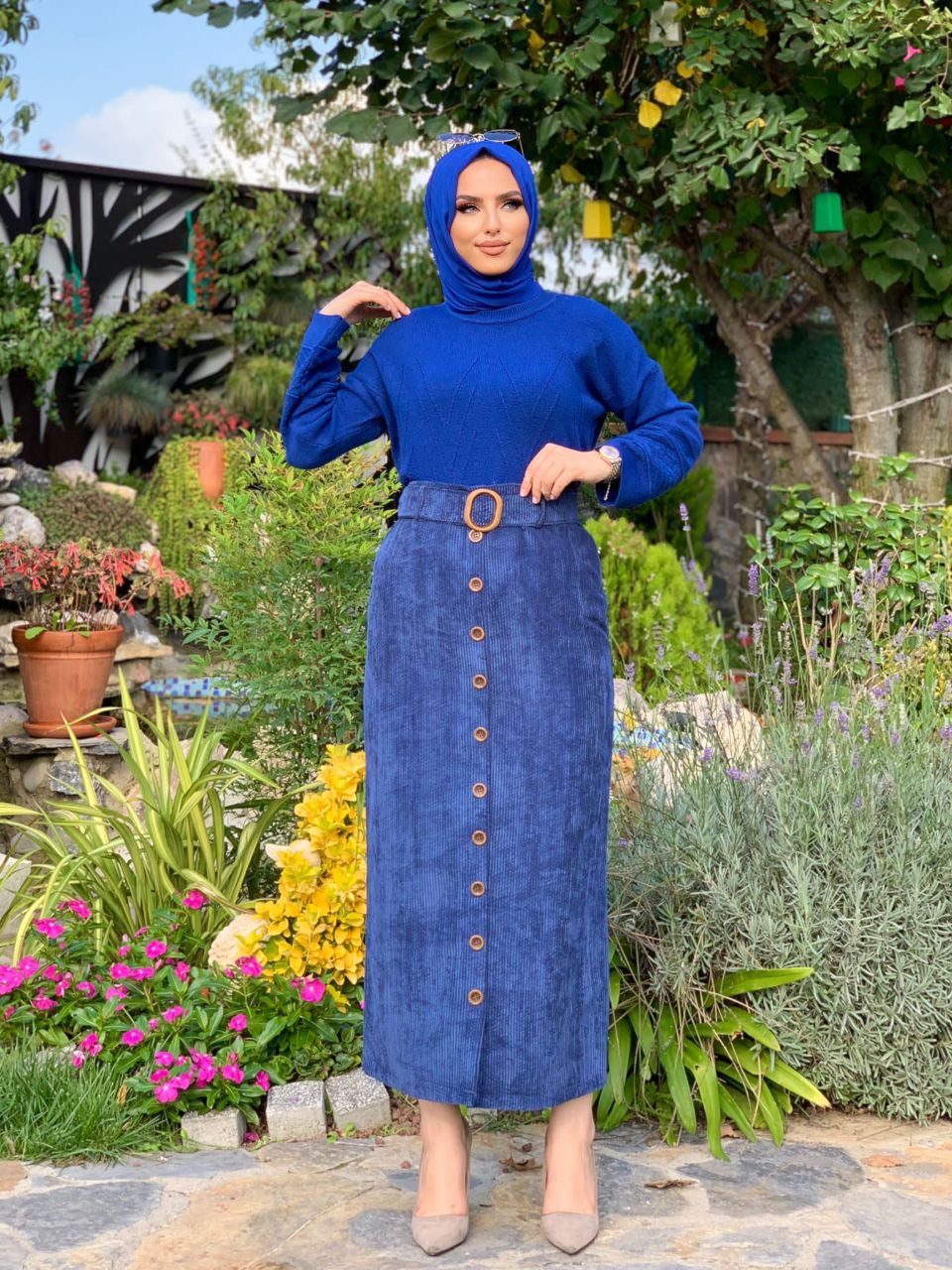 Corduroy Skirt W/ Belt - Blue