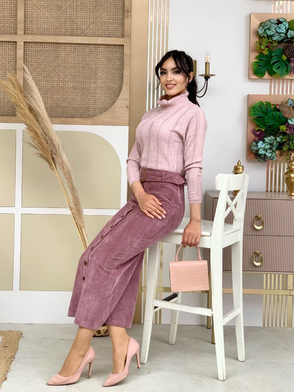 Corduroy Skirt W/ Belt - Blush